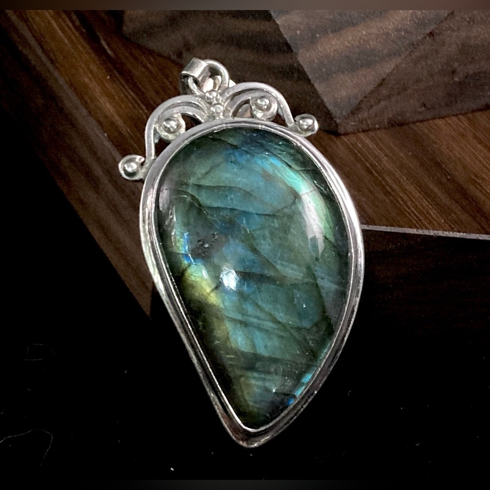 Large Vintage Labradorite Rare Blue Flash Spectrolite 925 Gemstone Pendant - Picture 8 of 13